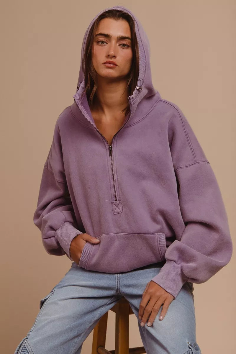 BiBi Women's Fleece Hoodie Purple Stitch Detailed Elastic Hem Half Zip Top 2ff829be-b311-4c18-8c6d-1a5d0f41bd9d-Max-Origin Trendsi
