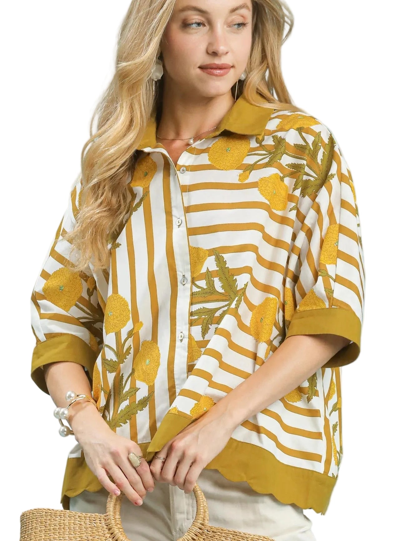 Umgee Mixed Floral and Stripe Pattern Button-Down Shirt