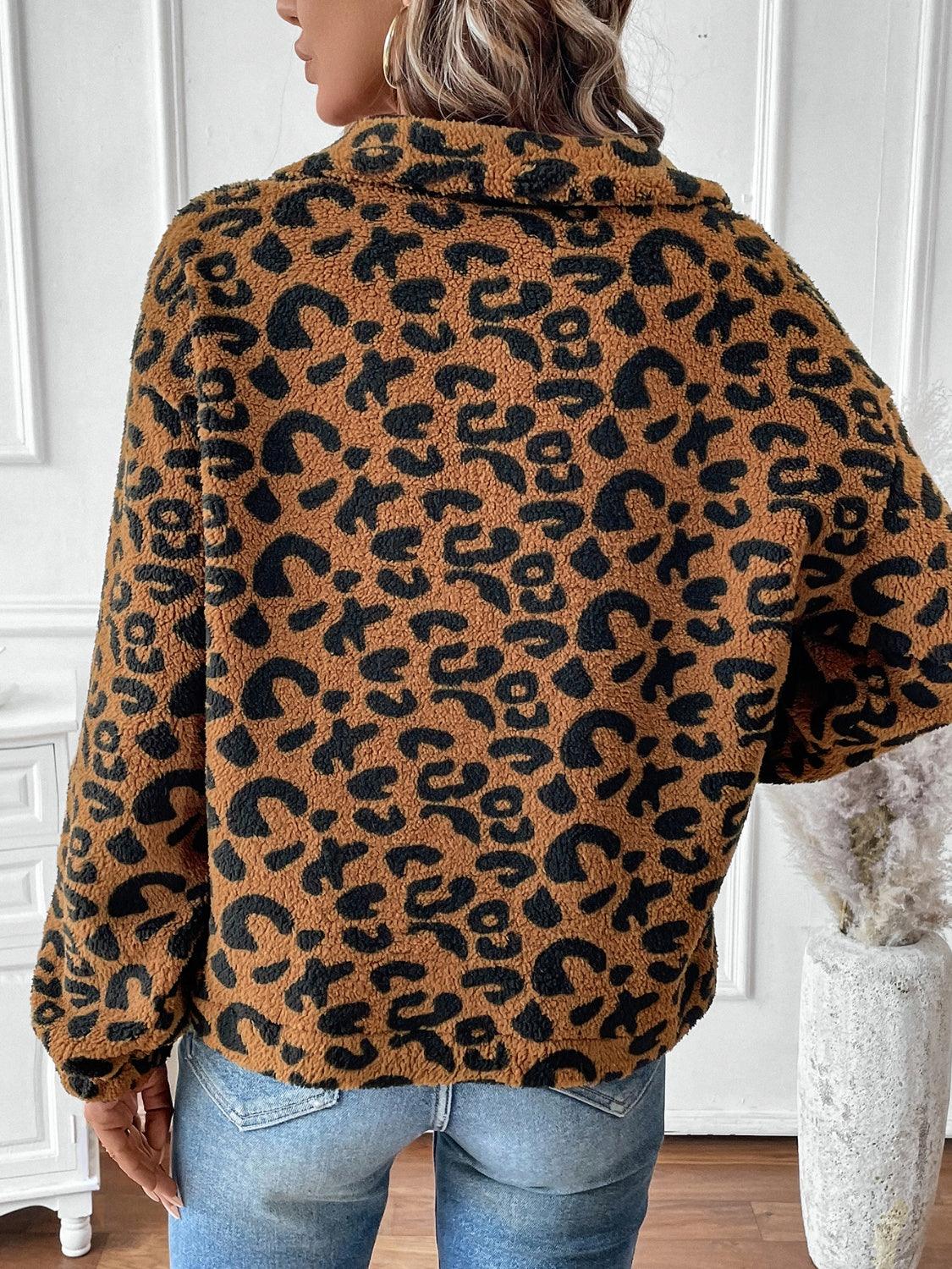 Leopard Sweatshirt Half Zip Collared Teddy Long Sleeve Top