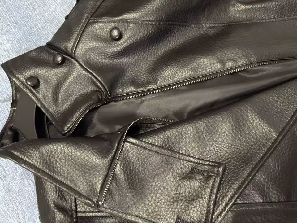 Women's Jacket Pebble Faux Leather Full-Sleeve Moto-Style Zipper Casual Coat