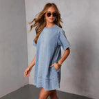 Casual Short Sleeve Denim Dress Women Summer Mini Jean Dress