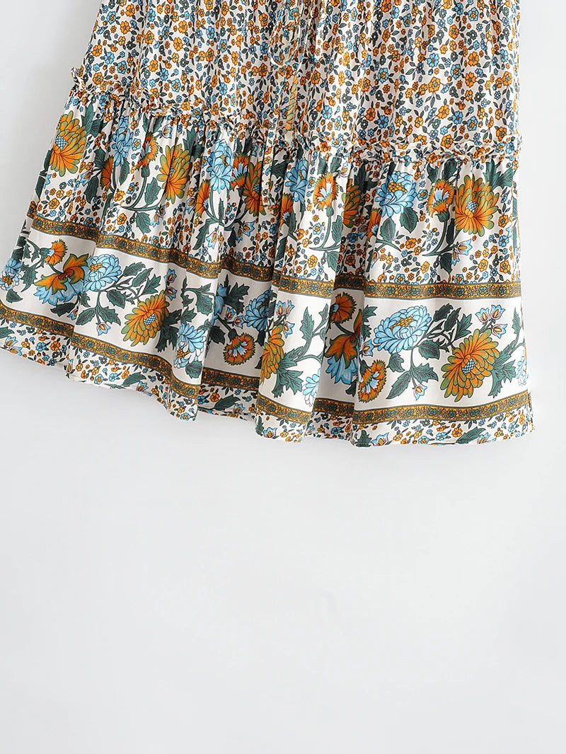 Women Floral Bohemian Outfits Strap Crop Tops Drawstring Mini Skirts Summer 2 Pcs