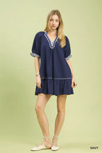 Umgee Mini Dress Navy French Terry with Ruffled Striped Trim Short Sleeve 3003b144-dc01-43dc-a9b2-8c2be58a8b76-Max-Origin Trendsi