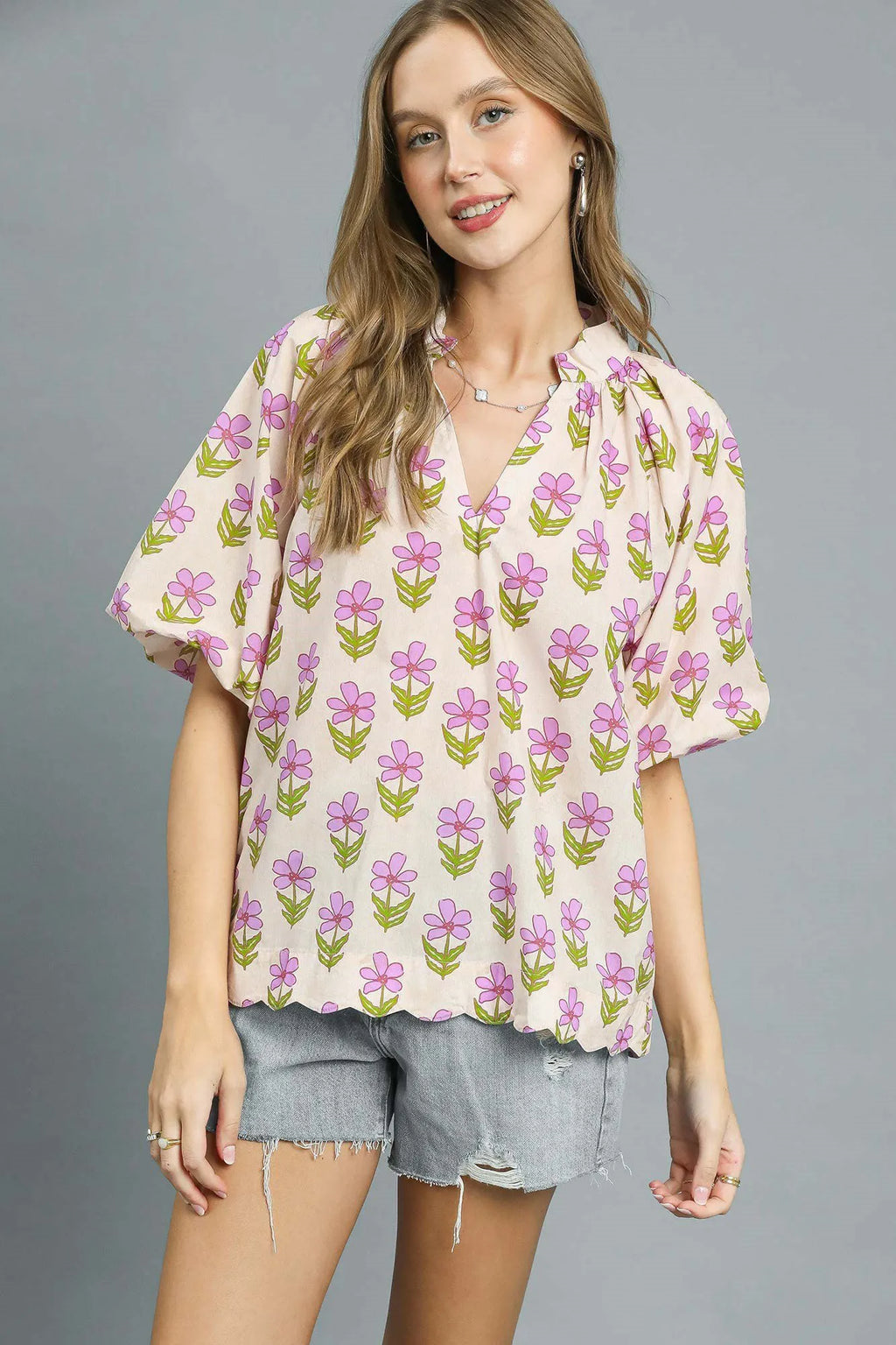 Umgee Blouse Floral Pink Purple Print Puff Short Sleeve Ruched Top Pink Purple 3003e128-59ab-4c7e-ae40-cfc3c4413a9c-Max-Origin Trendsi