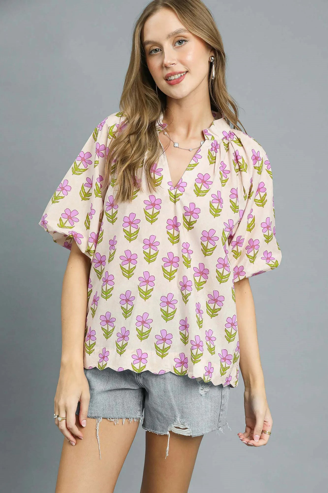 Umgee Blouse Floral Pink Purple Print Puff Short Sleeve Ruched Top Pink Purple 3003e128-59ab-4c7e-ae40-cfc3c4413a9c-Max-Origin Trendsi