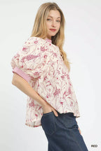 Umgee Blouse Red Mixed Print Puff Short Sleeve Split Neck Top 3005a3dd-982e-45de-9228-2e3f9d7e626a-Max-Origin Trendsi