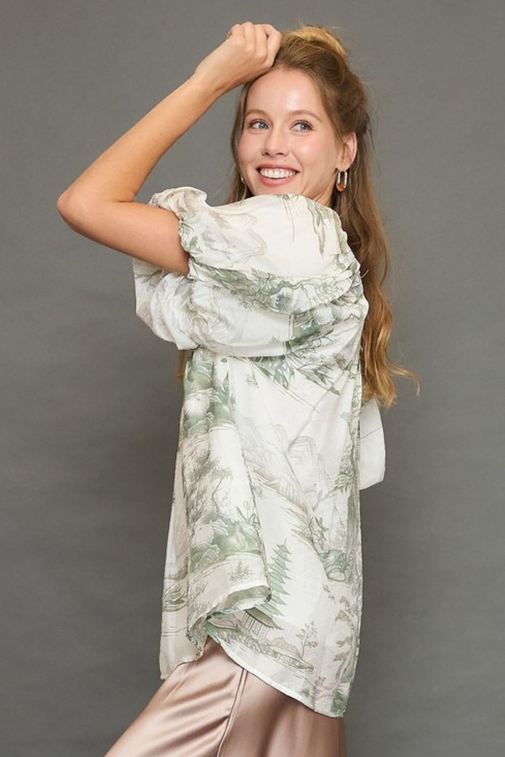 Umgee Blouse Two Tone Toile Print Short Puff Sleeve Top 3006d393-3be9-4d1c-b8fd-ae5298ffcee9-Max Trendsi