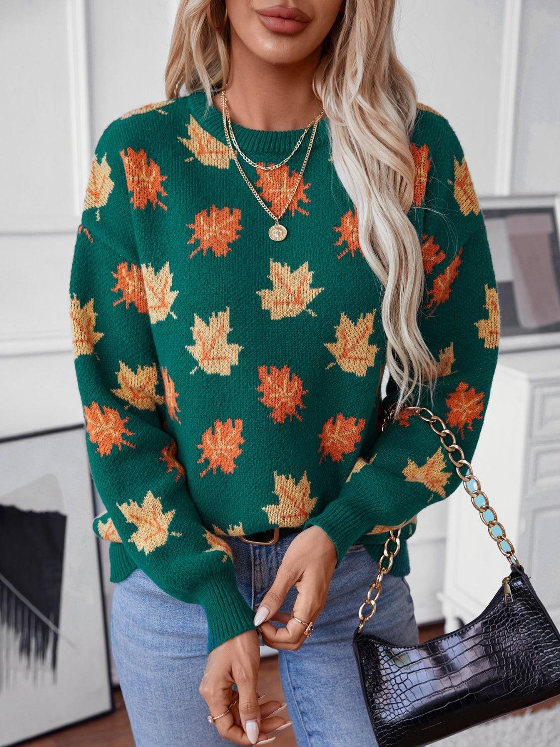 Maple Leaf Sweater Round Neck Long Sleeve Green Pullover 300fc1b7-177b-4302-8210-640b5c79a5ee-Max Trendsi