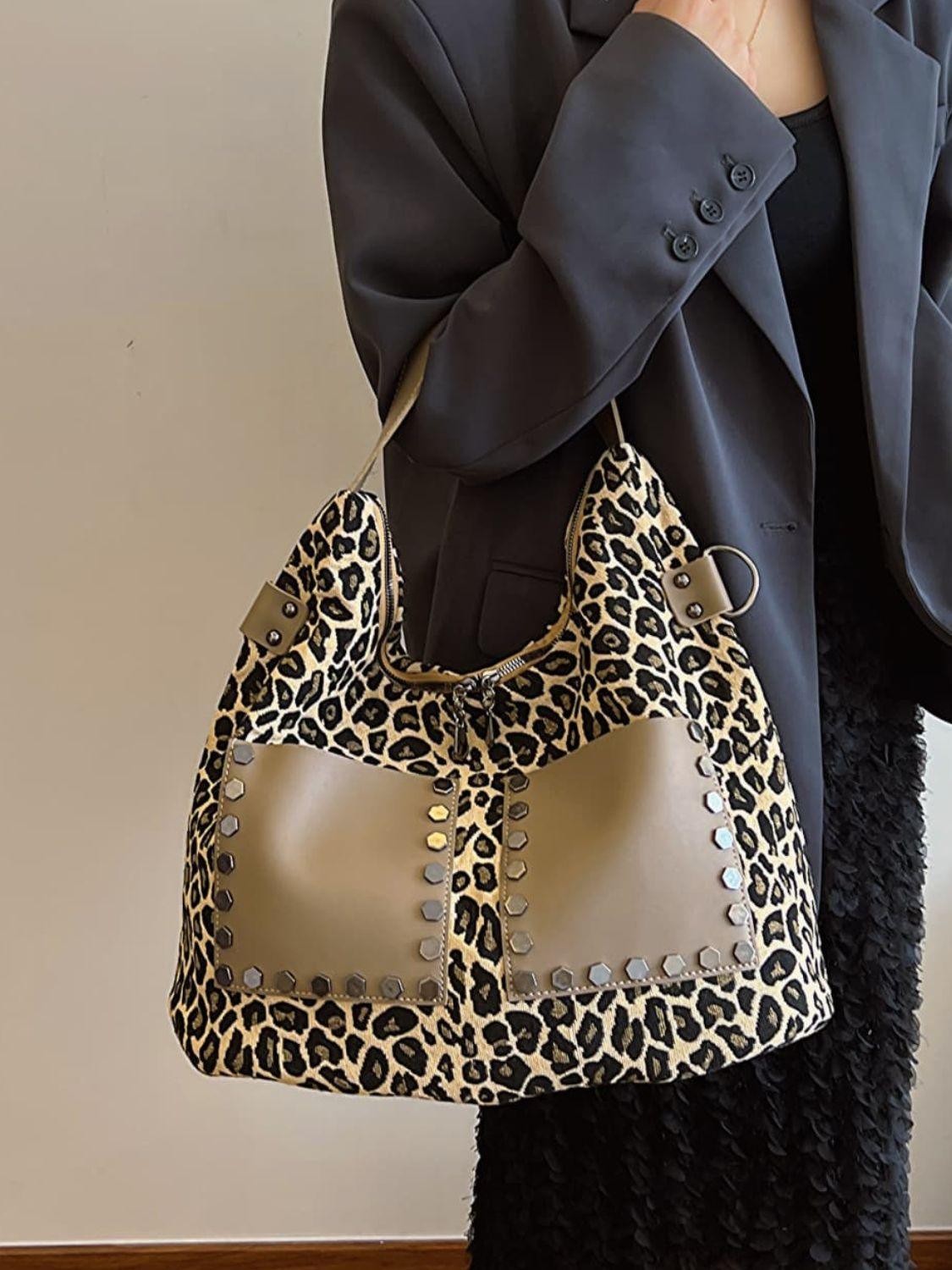 Leopard Polyester Large Shoulder Bag with Stud Beaded Leather Pockets