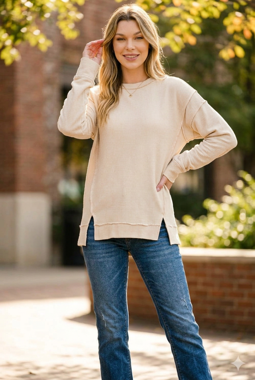 Zenana Women's Sand Beige Acid-Wash Exposed-Seam Cotton Sweatshirt