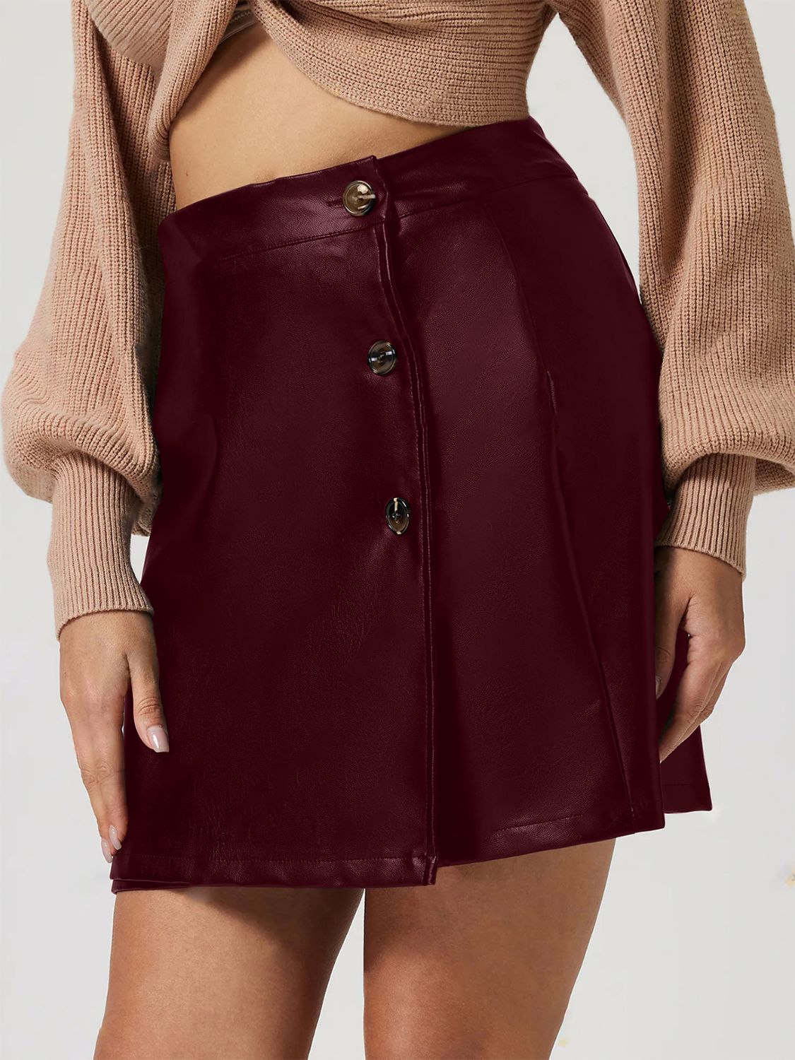 Mini Skirt Pu Leather Buttoned Front High Waisted Women Fashion Skirts 301a8717-4c9c-490a-9765-0b25f7ea7fe5-Max Trendsi