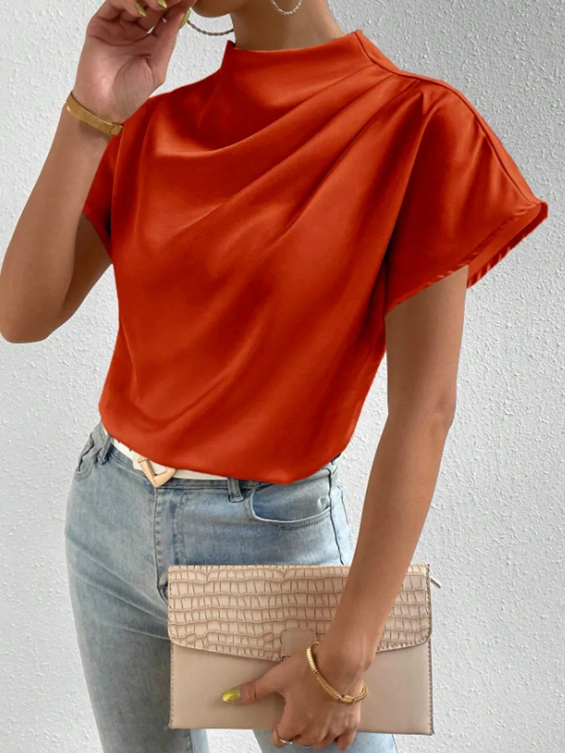 Satin Blouse Mock Neck Pleated Short Sleeve Basic Style Top 302f7eae-5213-4af8-9d00-7fe71b665d51-Max-Origin Trendsi
