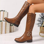Women's Boots Pu Leather Round Toe Block Mid Heels Buckle Shoes 303784a02ded493e8b170d0092d8a163-Max-Origin Trendsi