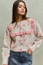 SO ME Womens Sweater Cardigan Beige Pink Flower With Ruffle Detailing 303c7daffb3e4b81906184ab595bc14b-Max-Origin Trendsi