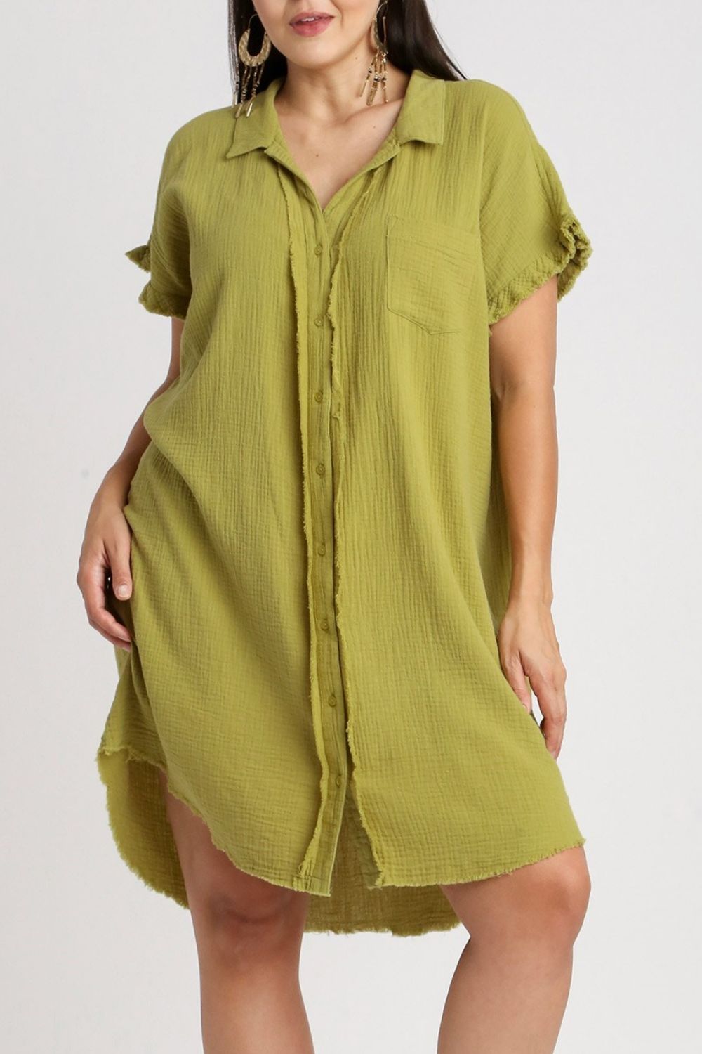 Umgee Shirt Dress Cotton Gauze Raw Hem Yellow Green Short Sleeve 30480984-77a6-4aac-af68-5c289a976474-Max Trendsi