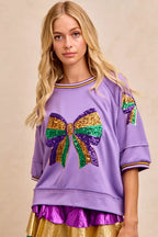 BiBi Womens Blouse Lavender Sequin Patched Ribbon Mardi Gras Theme Top 304a64575c604a19b9d96d01fafb2062-Max-Origin Trendsi