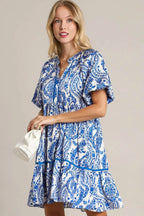 Umgee Mini Dress Flora Royal Blue Printed Notched Puff Short Sleeve Royal Blue 304ae515-44a2-4844-833b-2c8fa35d7e54-Max Trendsi