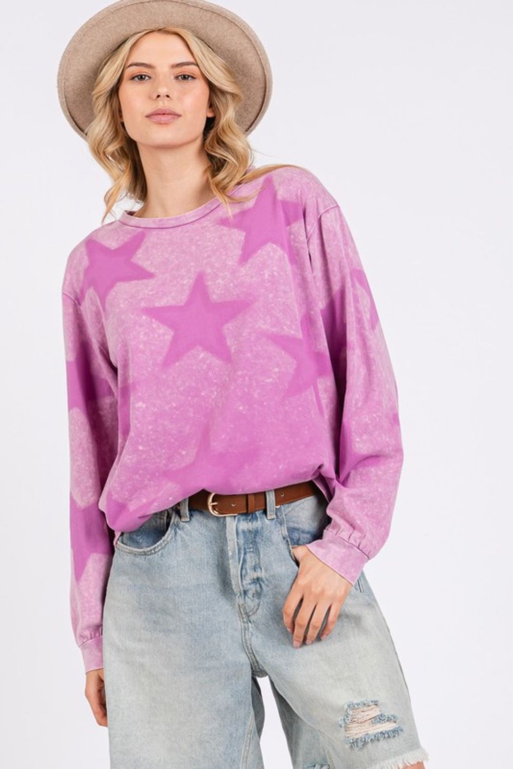 SAGE+FIG USA Star Pattern T-shirt Long Sleeve Mineral Wash Mauve Cotton Tops 304c17f0-c0b1-40d6-aa31-e3636973e3ab-Max Trendsi