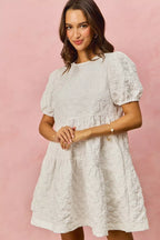 SO ME Floral Mini Dress White Jacquard Diagnol Tiered Short Sleeve 305111a84d194b2ebeb23384515f69e7-Max-Origin Trendsi