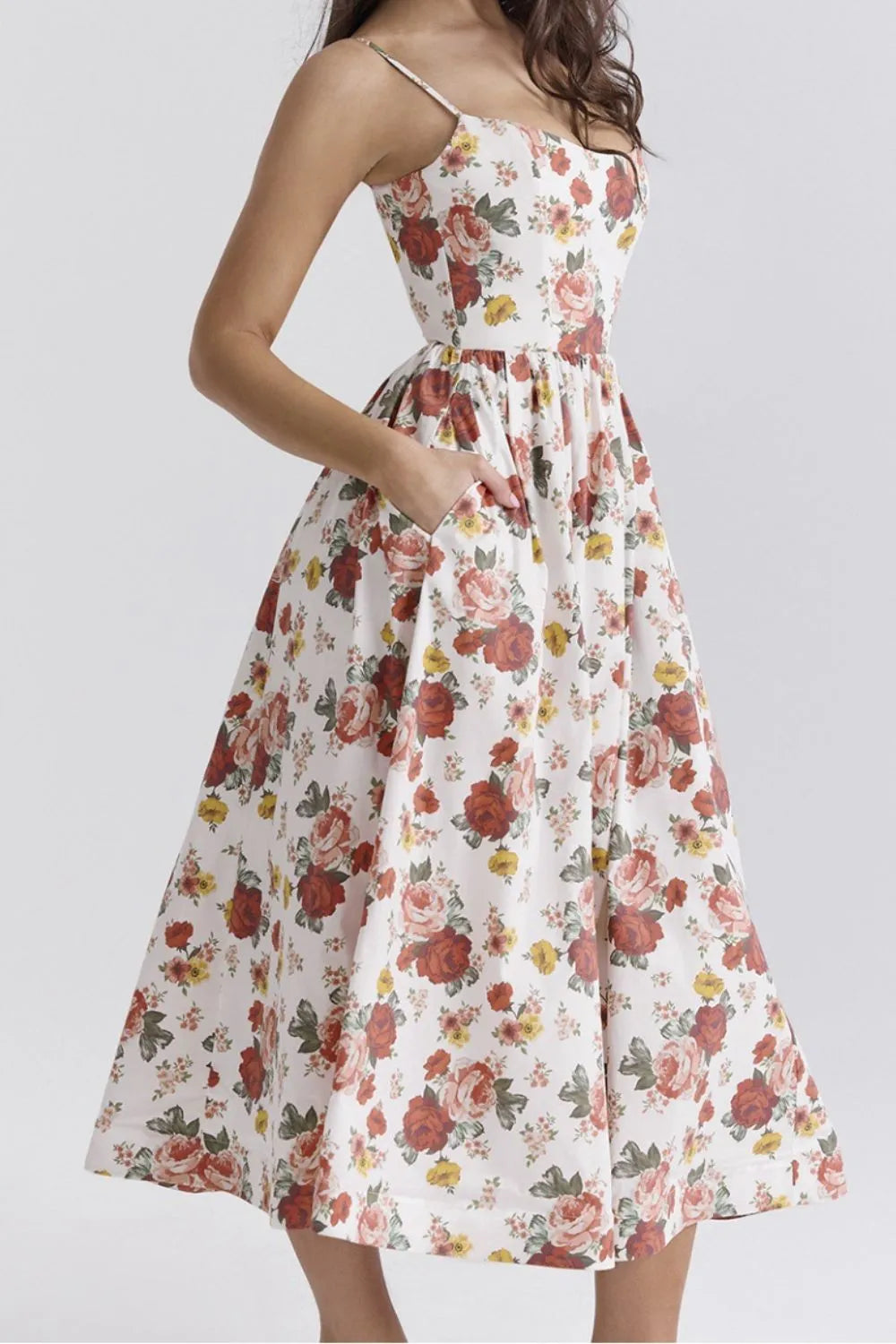 Floral Midi Dress Spaghetti Strap Ruched Zipper High Waisted 30558498-3725-4292-ac8d-c0f29c549013-Max-Origin Trendsi