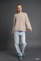 Umgee Womens Sweater Khaki Stone Cable Knit Cozy Cable Knit Pullover 305a40e7-590d-4105-ace2-9ad22a55cd92-Max-Origin Trendsi