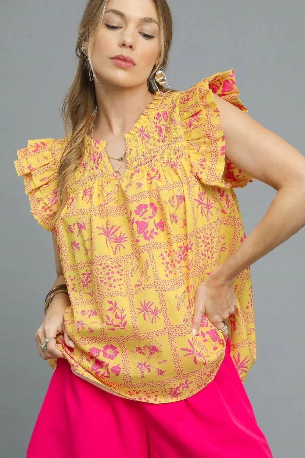 Umgee Blouse Sherbet Yellow Floral Printed Ruffle Cap Short Sleeve Top Sherbet 305d07ec-ab98-47cc-8049-68bfbaa23c8b-Max-Origin Trendsi