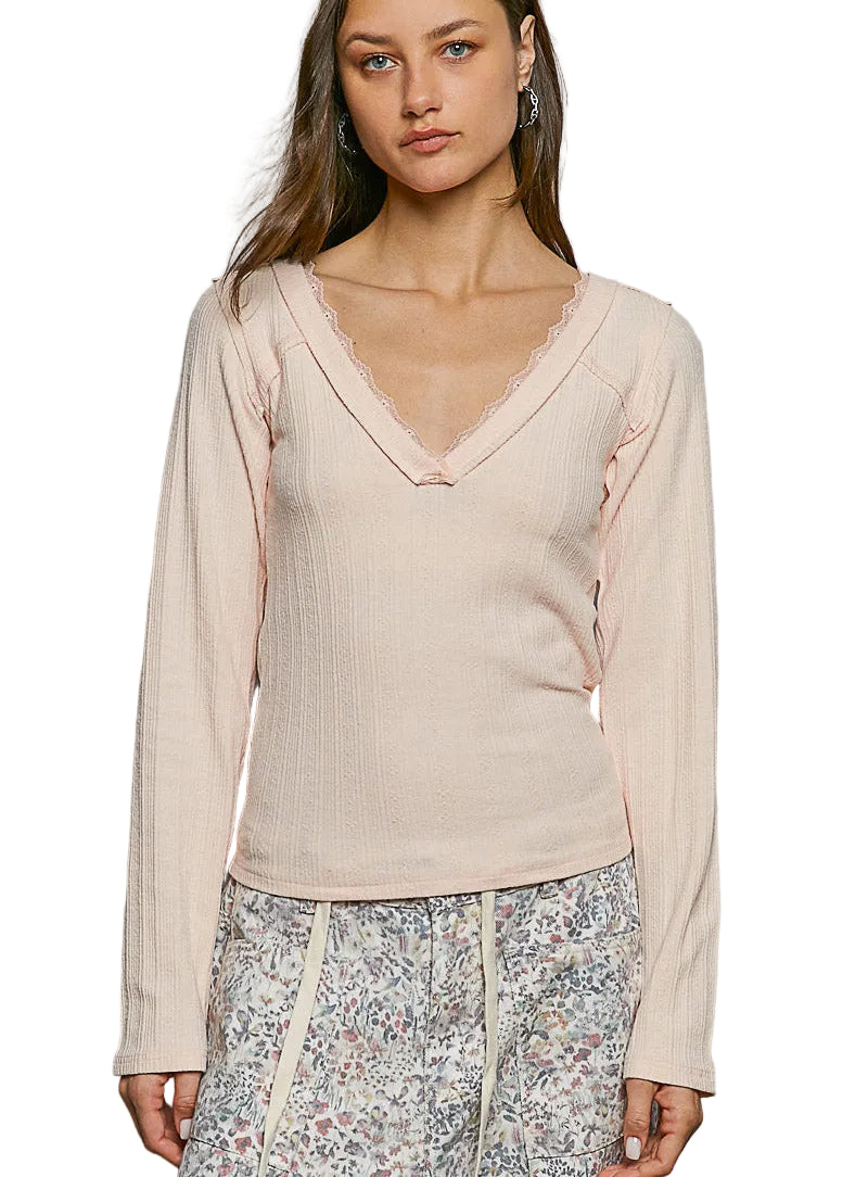 POL V-Neck Long Sleeve Ribbed Top with Lace Accent Neckband Women's S-L
