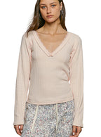 POL V-Neck Long Sleeve Ribbed Top with Lace Accent Neckband Women's S-L