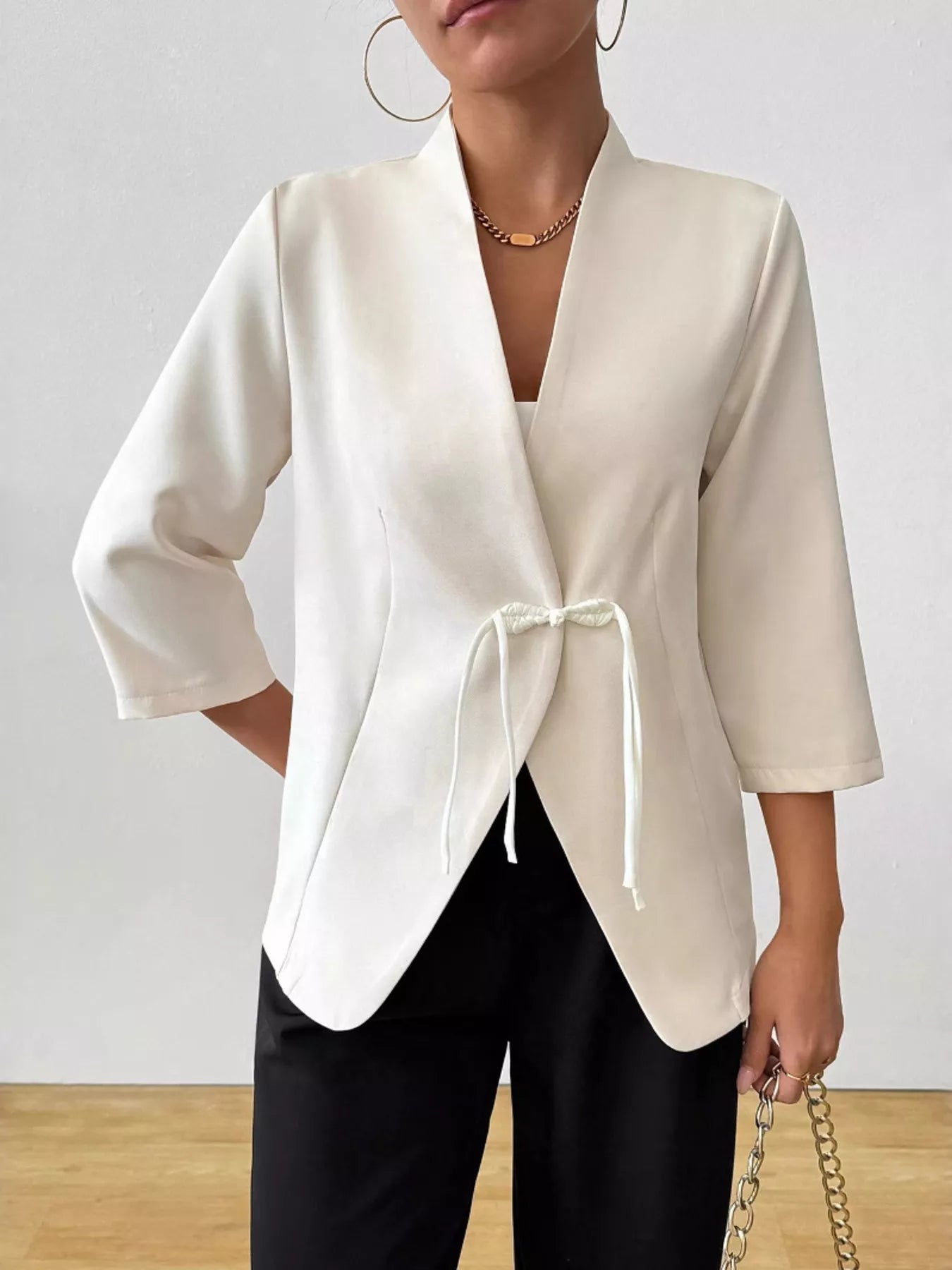 Women's Blazer Milky White Three-Quarter Sleeves Front Tied Milky White 3065ba492f3144f6a15e8eb655b10e45-Max-Origin Trendsi