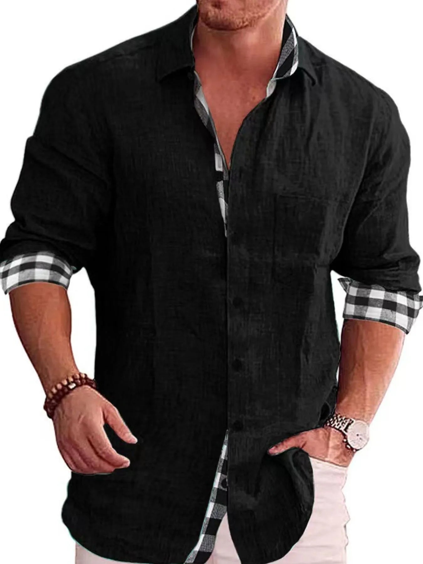 Men's Shirts Casual Cotton Blend Plaid-Trim Long Sleeve Lightweight Tops Black 3065e40f-0804-4f42-a59e-953f42f2a5d9-Max-Origin Trendsi