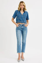 RISEN Jeans Crop Straight Slim Women's High Rise Raw Frayed Hem Denim 30676ee9c7e74b1cb15fce0719252b17-Max-Origin Trendsi
