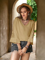Plus Size V-Neck Blouse with Lace Detail and Flounce Sleeves