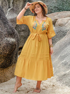 Plus Size Notched Collar Tie Waist Half Sleeve Midi Dress
