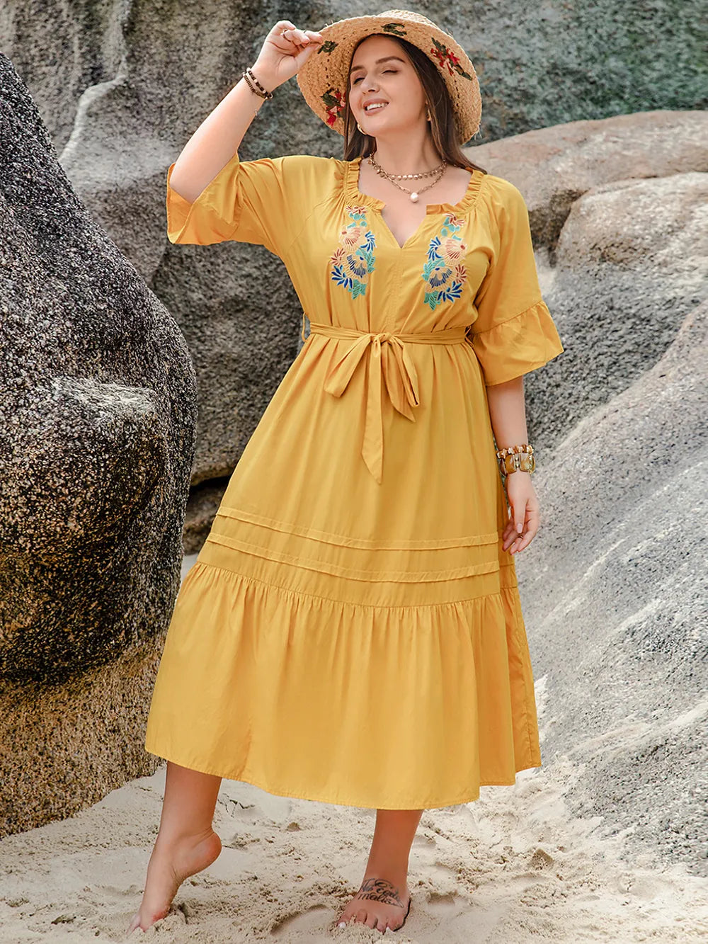 Plus Size Notched Collar Tie Waist Half Sleeve Midi Dress