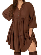 Plus Size Tiered Dress with Tie Neck and Balloon Sleeves