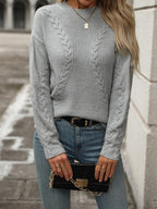 Cable-Knit Sweater Round Neck Long Sleeve Pullover 307705d3-3323-4ddc-91fd-e23742fc3487-Max Trendsi