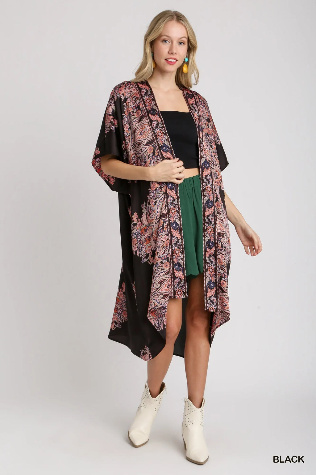 Umgee Kimono Satin Border Black Floral Print Short Sleeve Open Front Oversized 307b99f9-6027-403b-9668-41987ed1bba7-Max-Origin Trendsi