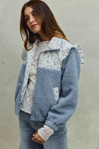 SO ME Women Jacket Faux Fur Sherpa Blue Pull with Floral Ruffle Contrast Zipper 3081171ccc34467288bcaba7525d4489-Max-Origin Trendsi
