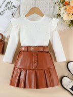 Children's Ruffle Trim Top and Faux Leather Pleated Skirt Set