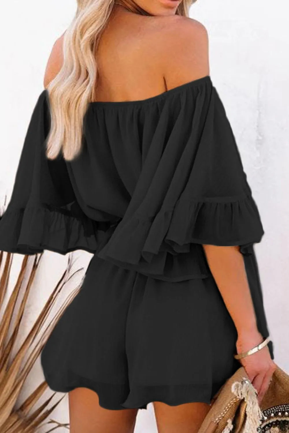 Women's Romper Black Off-Shoulder Ruffled with Elastic Waist 30900b0d-98ce-4d7b-8538-ef82fe8a6a6c-Max-Origin Trendsi