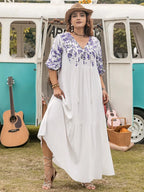 Plus Size Printed Tie-Neck Half-Sleeve Maxi Dress