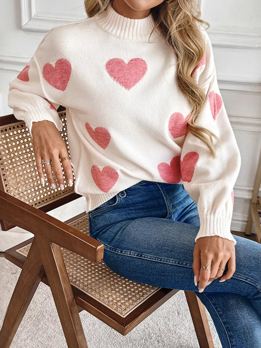 Women's Sweater Heart Mock Neck Long Sleeve Soft Knit Pullover 30a48c6597a14527a8b86b688abdfada-Max-Origin Trendsi