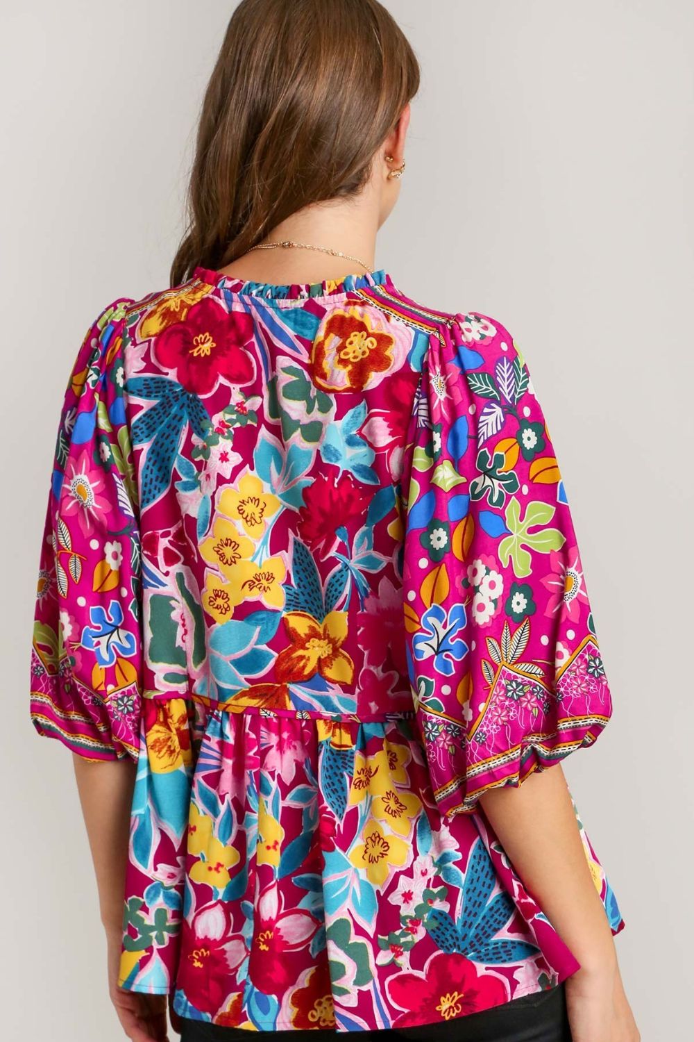 Umgee Blouse Floral Print Colorful Tie Neck Peplum Top Half Sleeve 30afeeb8-e882-4a34-94b5-a31747bdf683-Max Trendsi