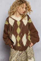 POL Sweater V-Neck Mocha Argyle Pattern Mohair with Contrast Exposed Stitch 30b8ba98-2be0-4a28-a671-98d2bce7e9be-Max-Origin Trendsi
