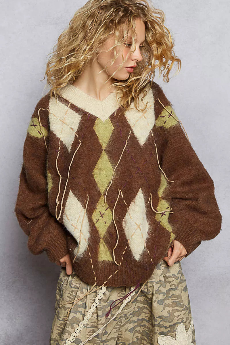POL Sweater V-Neck Mocha Argyle Pattern Mohair with Contrast Exposed Stitch 30b8ba98-2be0-4a28-a671-98d2bce7e9be-Max-Origin Trendsi