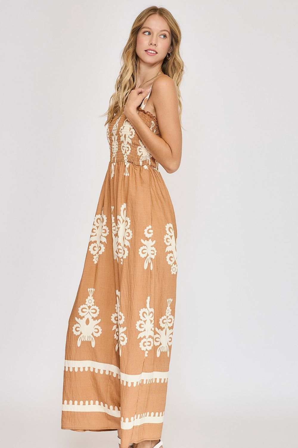 Umgee Jumpsuit Smocked Printed Wide Leg Strappy Mocha Overall 30c2a29b-4493-4061-892f-ba0ab1a9e284-Max Trendsi