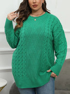 Plus Size Round Neck Long Sleeve Cable-Knit Sweater with Moderate Stretch