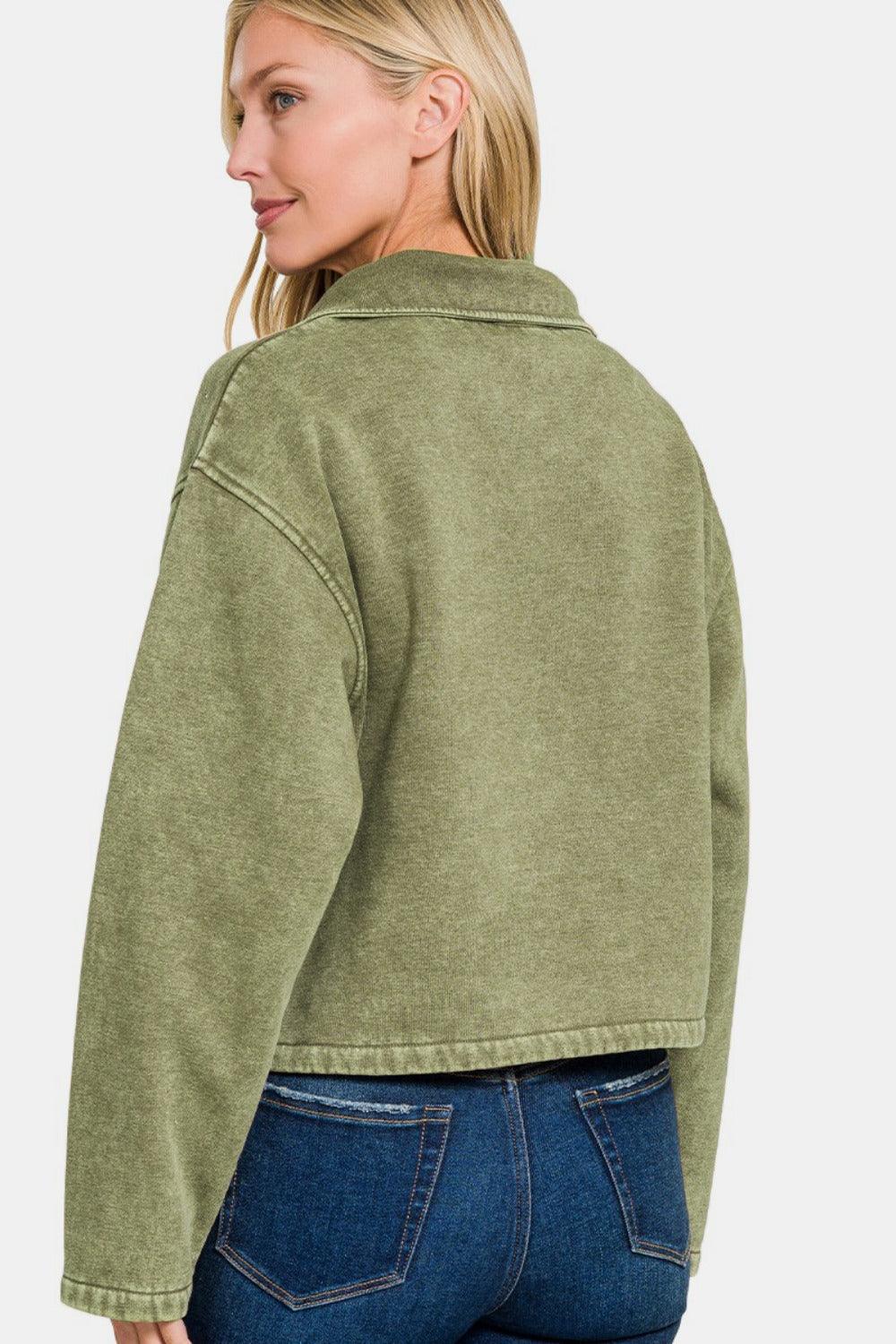 Zenana Sweatshirt Olive Acid Wash Fleece Half Snap with Pocket