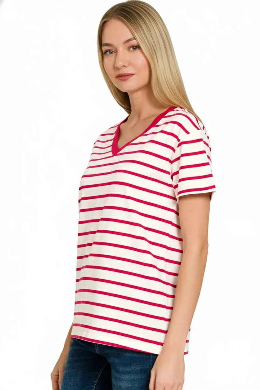 Zenana Striped V-Neck Short Sleeve T-Shirt