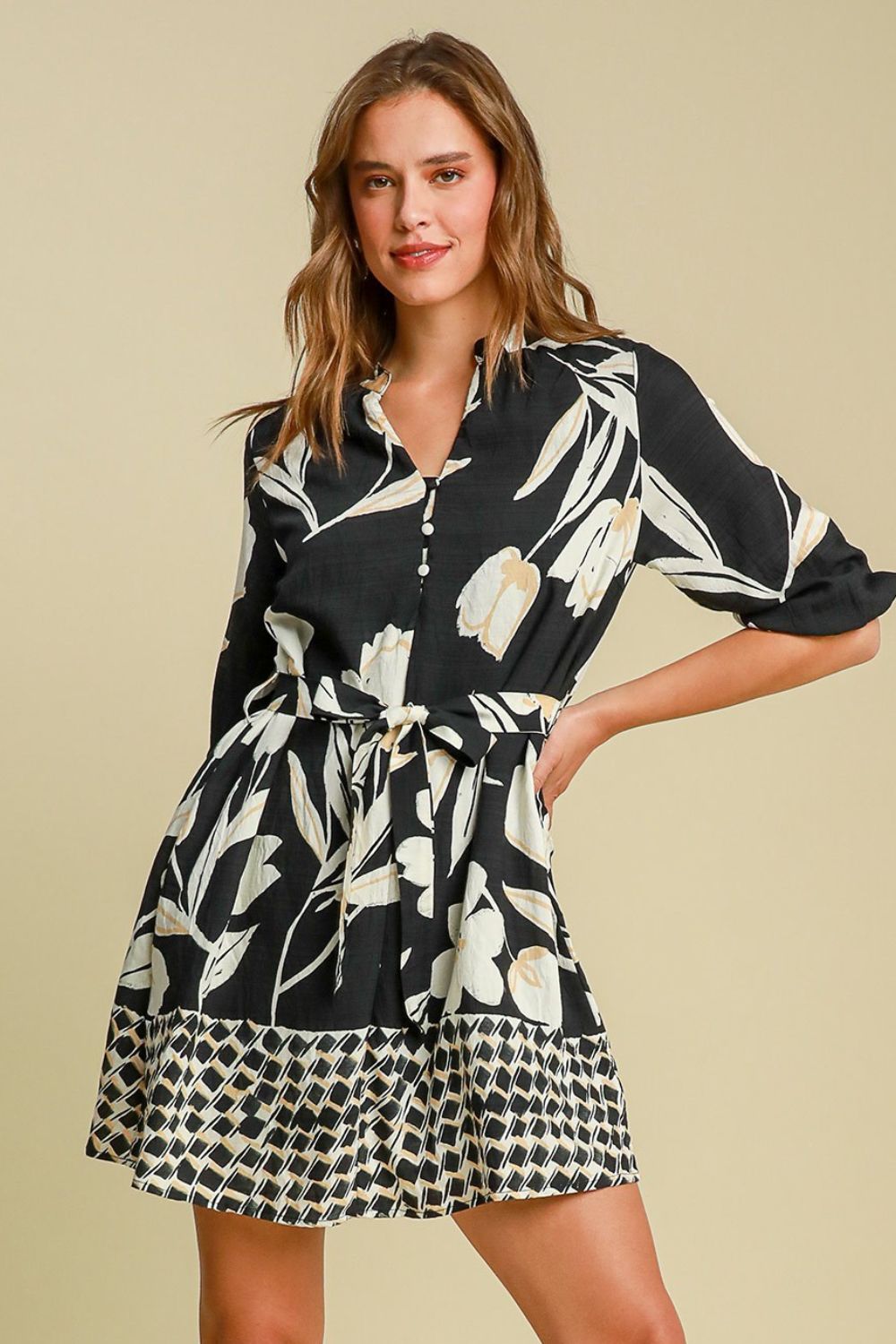Umgee Mini Dress Black Floral Print Notched Tie Waist Belted Short Sleeve 30e0cc84-2627-44e7-a6fc-f6d3f86ad7a6-Max Trendsi
